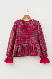 Plaid Tie Neck Ruffle Cuffs Blouse, fabric detail