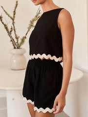 Black linen tank top and shorts set with scalloped trim