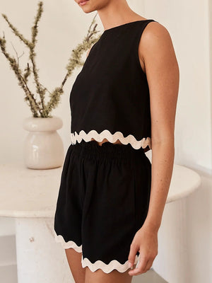 Black linen tank top and shorts set with scalloped trim