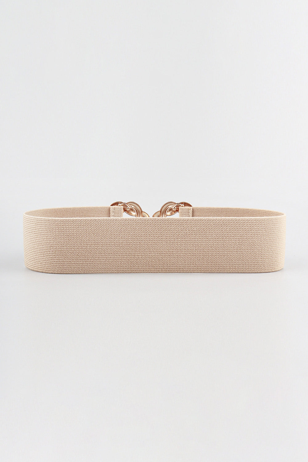 Tan braided stretch belt with gold interlocking knot buckle detail