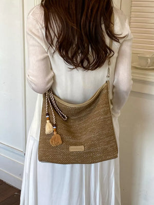 Tassel Woven Crossbody Bag in French Blue, alternate angle