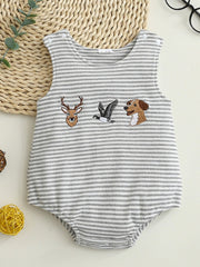 Gray striped baby one-piece with deer, duck, and dog embroidery