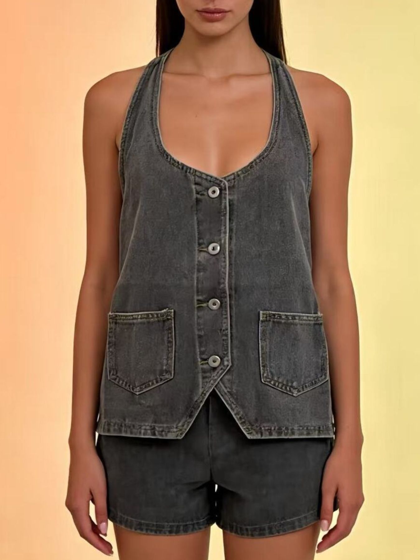 Gray denim button-down halter vest with two front pockets and a V-neck.