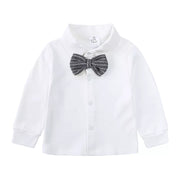 Baby white long sleeve shirt with gray striped bow tie and button front