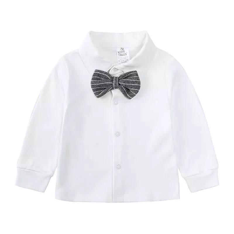 Baby white long sleeve shirt with gray striped bow tie and button front