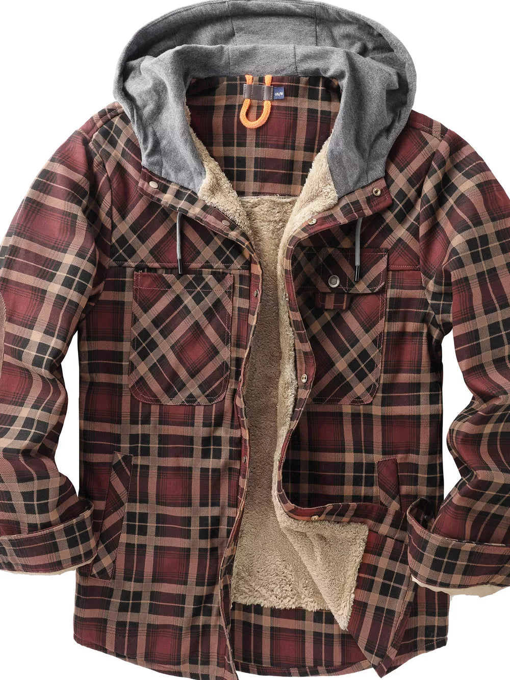 Men's red plaid flannel hooded jacket with sherpa lining and buttoned chest pockets.
