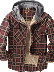Men's red plaid flannel hooded jacket with sherpa lining and buttoned chest pockets.