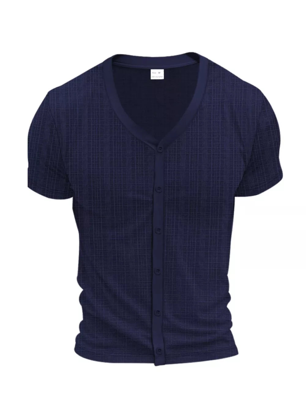 Navy blue men's short sleeve V-neck button-down undershirt with subtle grid pattern