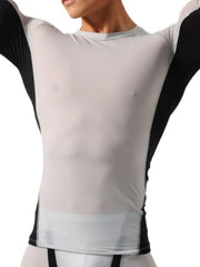 Men's gray performance t-shirt with black side panels and long sleeves.
