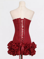 Ruffled Hem Tube Mini Dress in Red, back view
