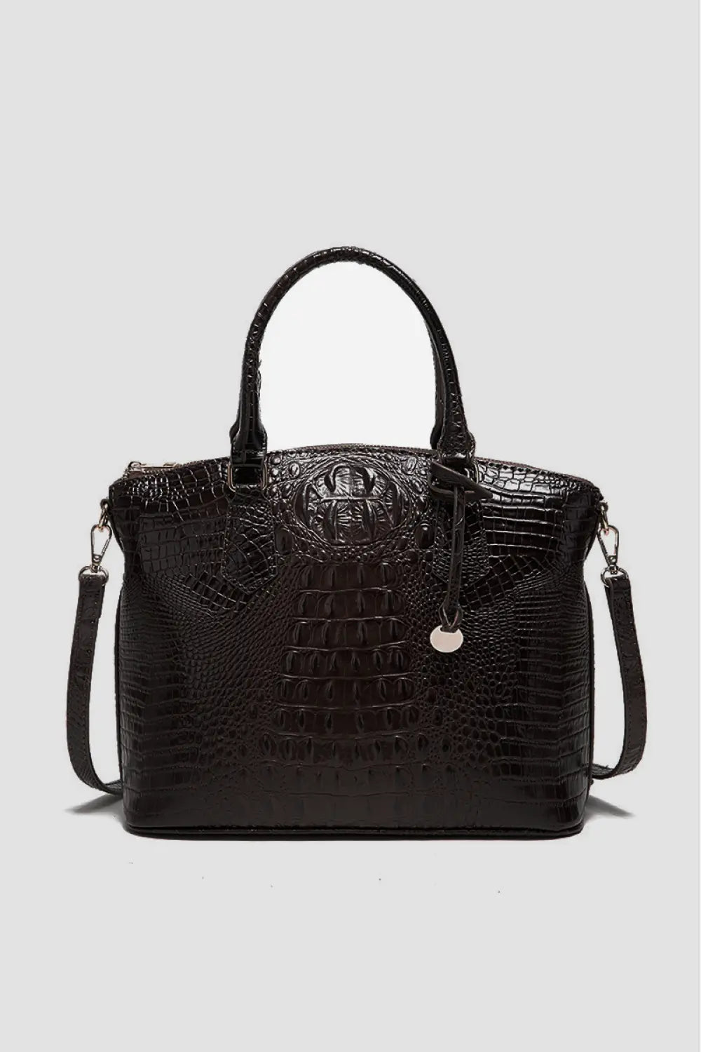 Black crocodile embossed satchel bag with shoulder strap and top handles