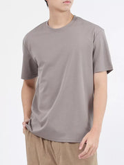 Men's light gray crew neck t-shirt, short sleeves, cotton, breathable.