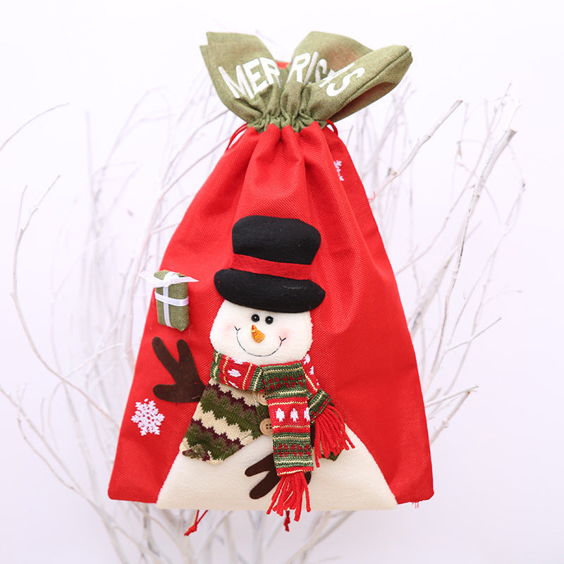 Red festive drawstring gift sack with snowman, scarf, hat, and Merry Christmas text.