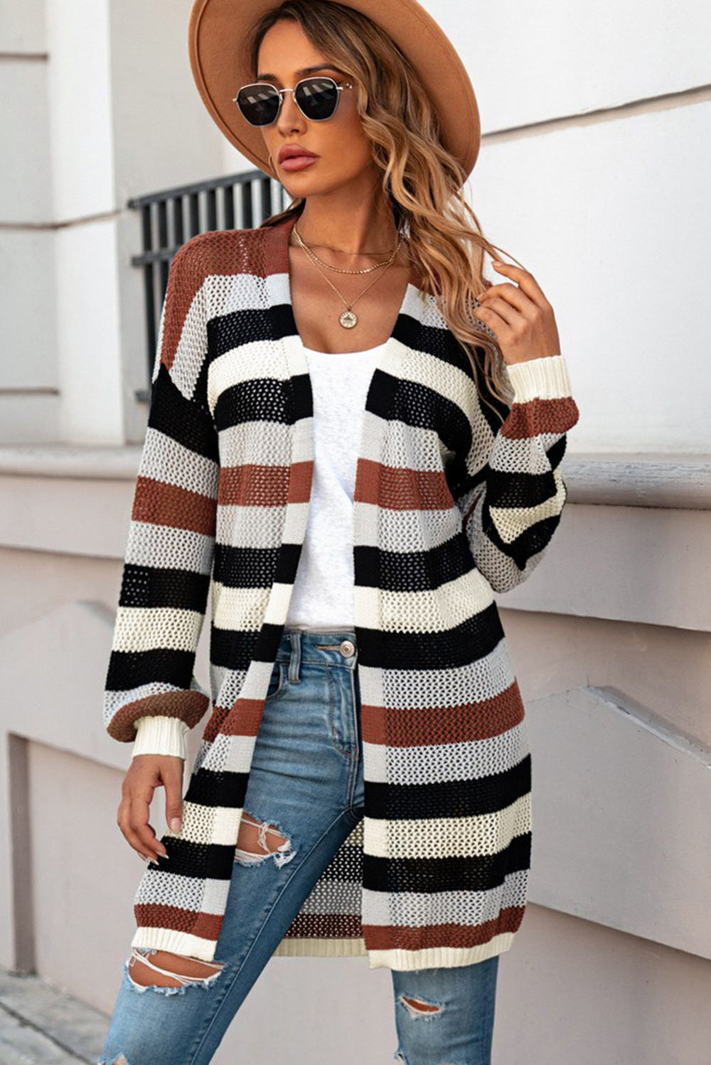 Open knit duster cardigan with horizontal stripes in black, white, and chestnut acrylic.