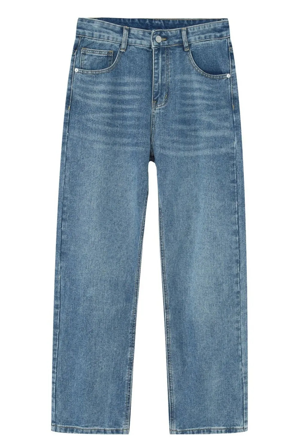 Relaxed fit denim trousers in light wash blue with a straight leg cut.