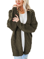 Textured cable knit duster cardigan in army green with open front and long sleeves.