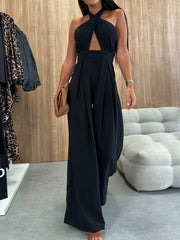 Halter Neck Cut-out Wide-leg Jumpsuit in Sage, view 12