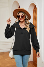Black zip-through sweatshirt with wide collar and balloon sleeves