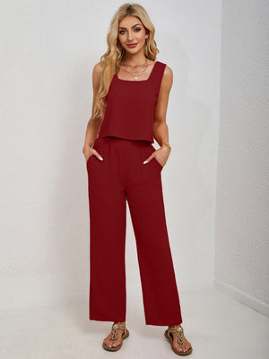 Deep Red cropped tank and palazzo pant set with square neckline and side pockets.