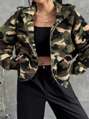 Camo fuzzy zip-up trench coat with hood and pockets.