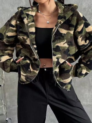 Camo fuzzy zip-up trench coat with hood and pockets.