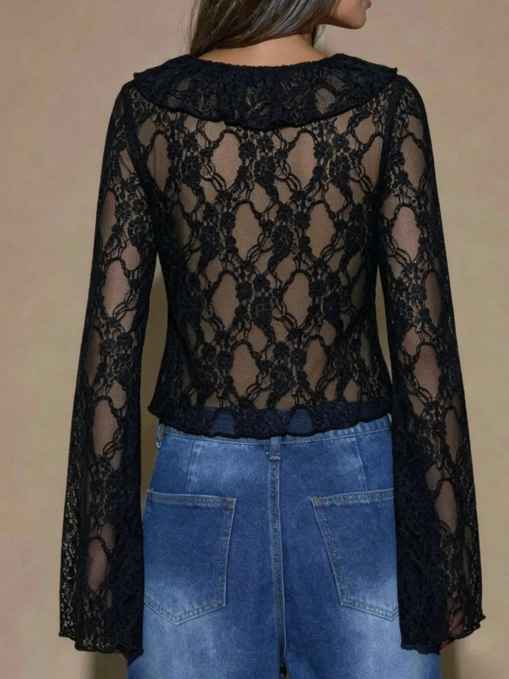 Sheer Lace Ruffle Tie-front Blouse in White, fit detail