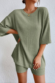Sage ribbed tee and short set with relaxed fit and crew neck.