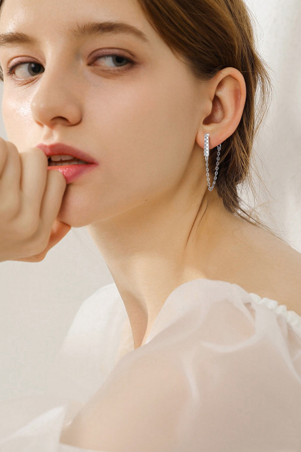 Silver chain cascade bar earrings with a double chain drop detail.