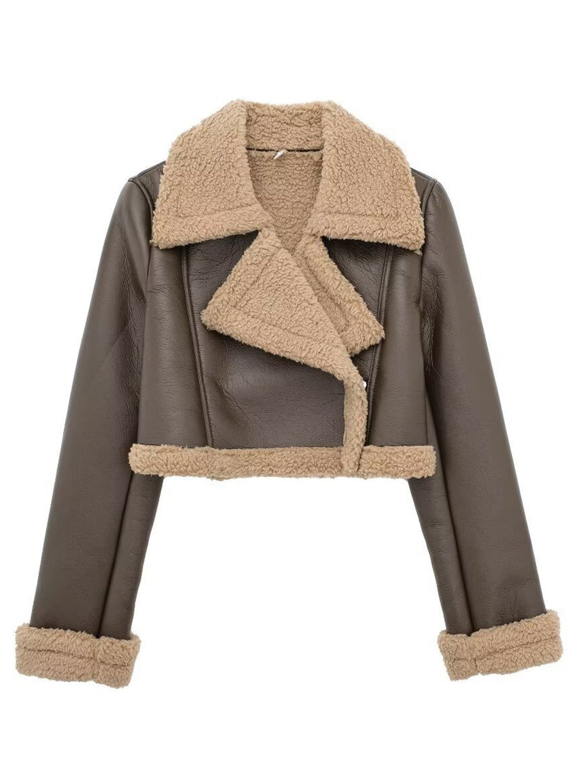 Brown cropped aviator jacket with shearling trim and collar.
