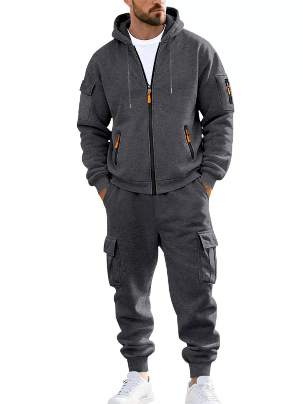 Men's Plus Size Casual Zip-up Hoodie And Cargo Pants Set in Dark Gray, editorial view