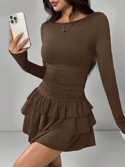 Brown long sleeve mini dress with ruched waist and tiered ruffle hem