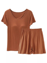Caramel two-piece pajama set with scoop neck t-shirt and elastic waist shorts.