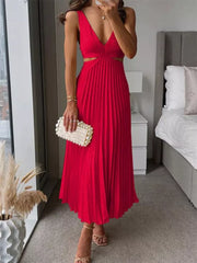 Elegant Pleated Midi Dress With Cut-outs in Red, alternate angle