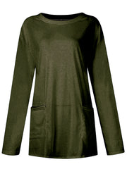 Army green relaxed fit tunic with crew neck, long sleeves, and two patch pockets.