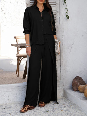 Black split-front palazzo and button-down shirt set with adjustable waist