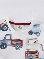 White cotton t-shirt with a playful construction truck graphic print.