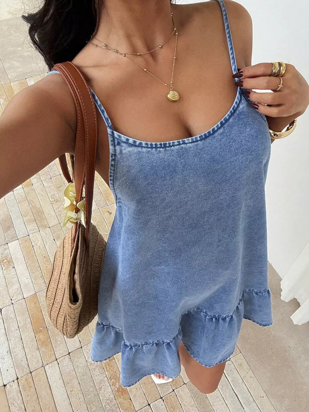Casual Spaghetti Strap Ruffle Hem Denim Dress in Blue, model styling view