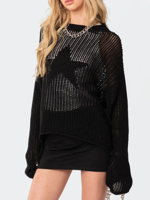 Black open knit sweater with a starburst pattern and crew neck.