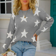 Gray acrylic crewneck sweater with white star pattern and ribbed cuffs.
