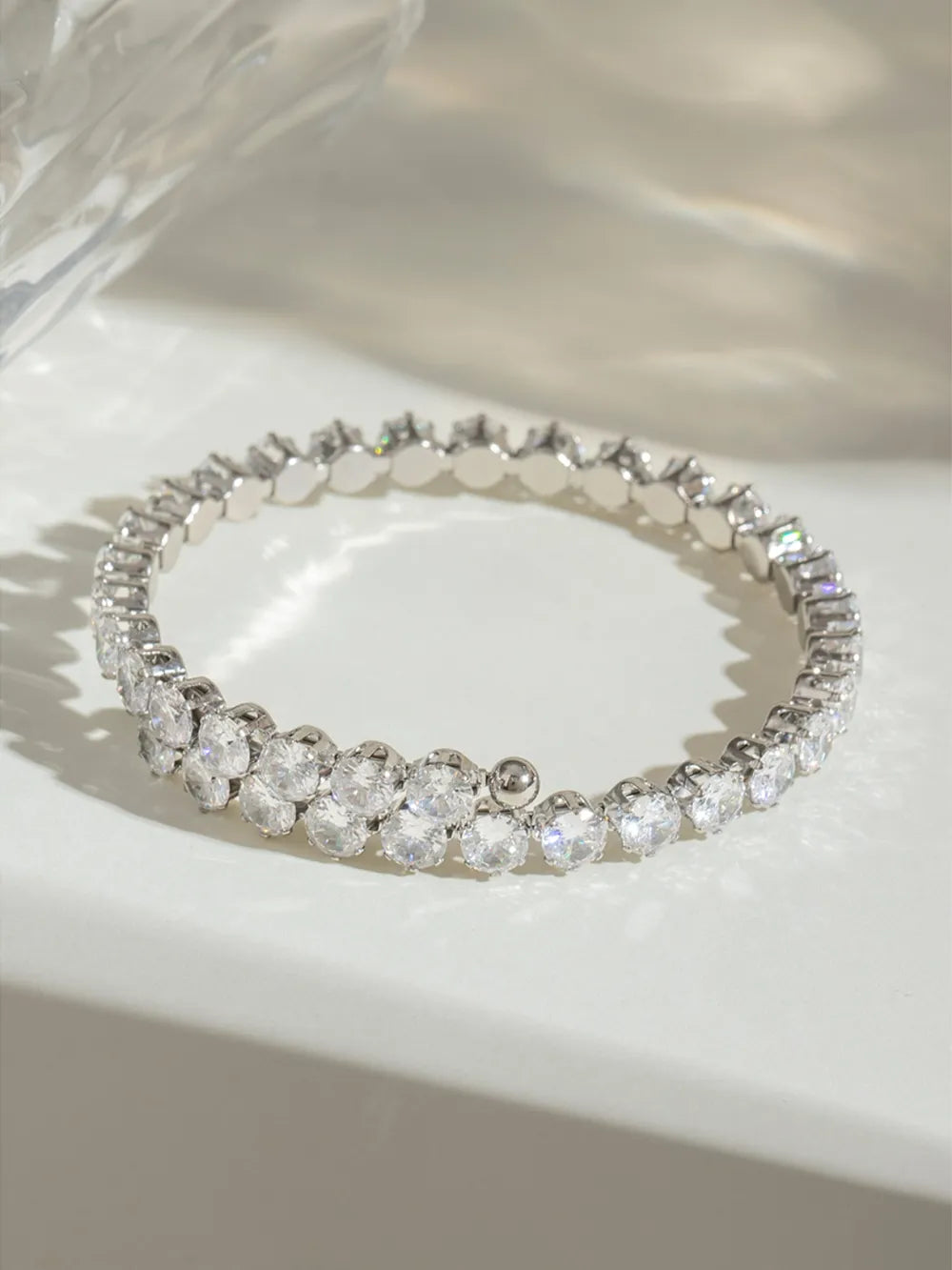 Silver double row pavé bangle bracelet with clear cubic zirconia stones