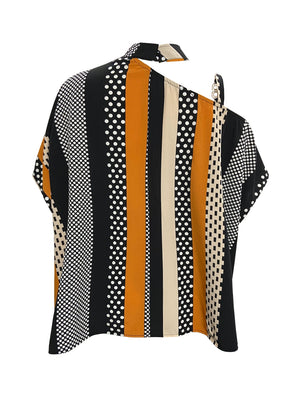 Asymmetric stripe shoulder top in black with bold vertical stripe and dot patterns.