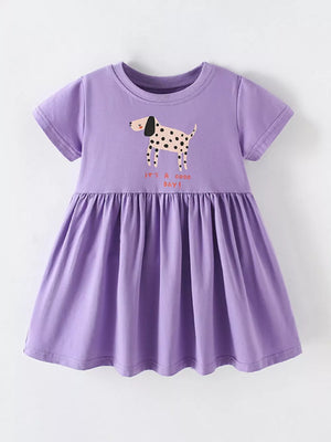 Purple cotton blend toddler dress with dog graphic and text IT'S A GOOD DAY!