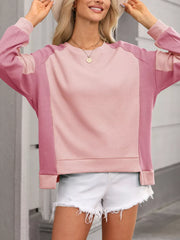 Color Block Waffle High Low Raglan Sweatshirt in Blush Pink, model styling view