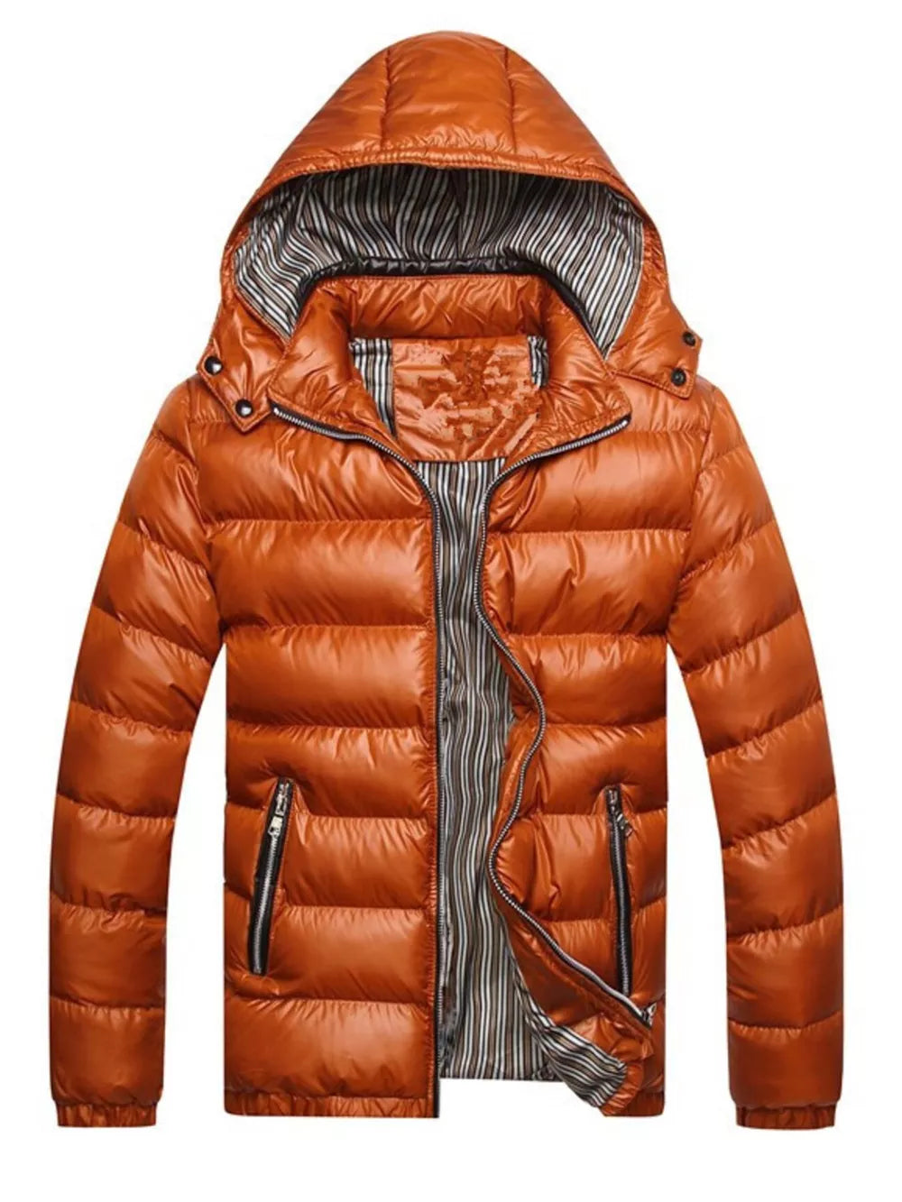 Orange hooded puffer jacket for men with striped lining and zip pockets.