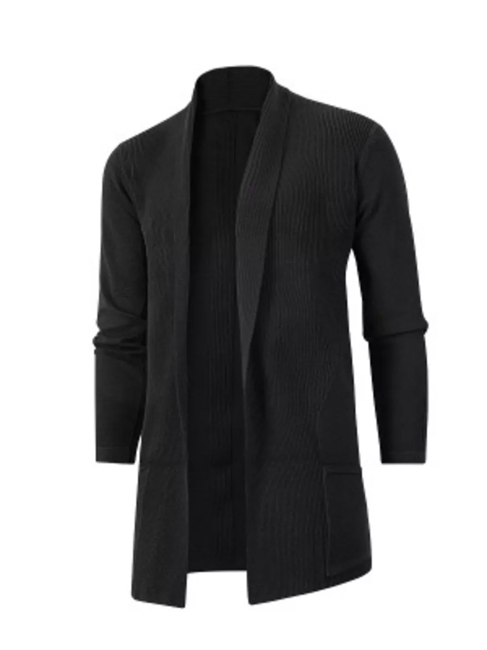Black longline cardigan with pockets and ribbed texture.
