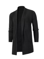 Black longline cardigan with pockets and ribbed texture.