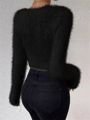 Black fluffy V-neck knit sweater with long sleeves and fuzzy cuffs.