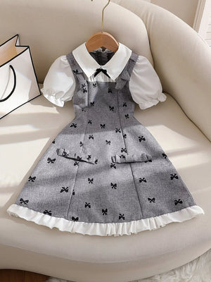 Children's Bow Print Puff Sleeve Dress in Gray, front view