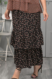 Black tiered floral maxi skirt with ruffled tiers