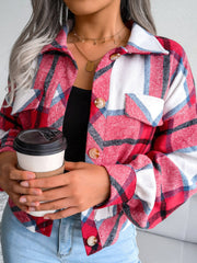 Oversized red plaid shacket with patch pockets and button front.